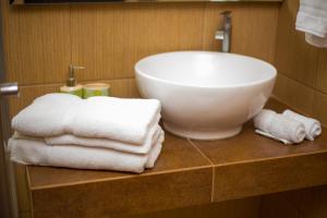 y baño con lavabo y toallas en la encimera. en Terra Bella Hotel Boutique, en San Salvador