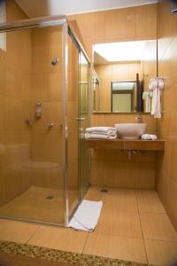 a bathroom with a glass shower and a sink at Terra Bella Hotel Boutique in San Salvador
