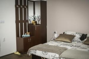 a bedroom with a bed and a dresser with a mirror at Alex Lodge in Zrenjanin