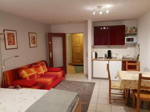 a living room with a red couch and a kitchen at City Appartement 5 in Freiburg im Breisgau