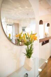扎達爾的住宿－花園露台公寓，一面墙上的镜子,玻璃桌上放着花瓶