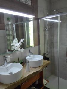 ein Bad mit 2 Waschbecken und einer Dusche in der Unterkunft IKIGAI wifi , Neflitx in Logroño