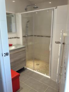 eine Dusche mit Glastür im Bad in der Unterkunft Maison De Charme in Cellettes