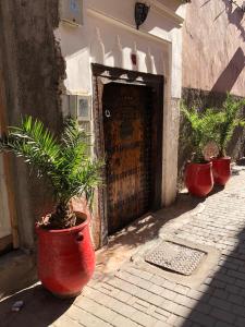 una gran olla roja con una planta delante de una puerta en Dar Nabila, en Marrakech