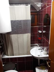 La salle de bains est pourvue d'un rideau de douche et d'un lavabo. dans l'établissement Apartmani Nikolic, à Kopaonik
