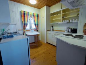 a kitchen with a sink and a rainbow curtain at Seaside View Lofoten in Bøstad