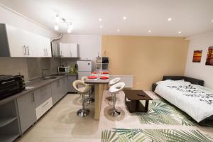 a kitchen with a bed and a table in a room at Central apartment- Shumi's in Cluj-Napoca
