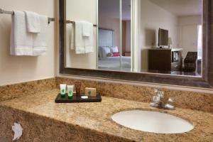 a bathroom with a sink and a large mirror at Cortona Inn and Suites Anaheim Resort in Anaheim