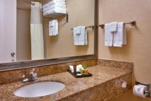 a bathroom with a sink and a mirror and towels at Cortona Inn and Suites Anaheim Resort in Anaheim