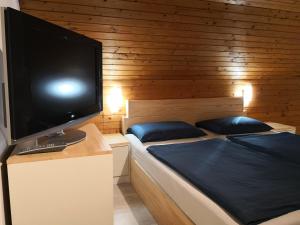 una camera con 2 letti e una TV a schermo piatto di Apartments Silič a Bled
