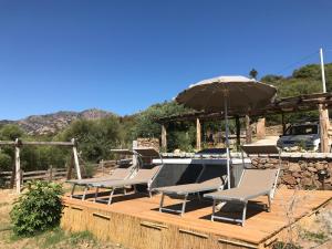 a group of chairs and an umbrella on a deck at Il Giardino di Daniela Apartments in San Teodoro