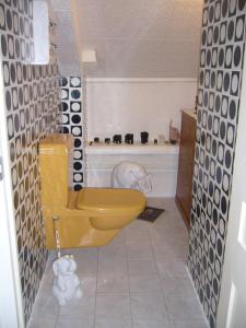 ein Badezimmer mit einem gelben WC und einer Katze in der Badewanne in der Unterkunft Château de Villeron in Savigny-en-Revermont