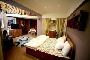 ein Schlafzimmer mit einem Bett und ein Wohnzimmer in der Unterkunft Apartment Danubius in Belgrad