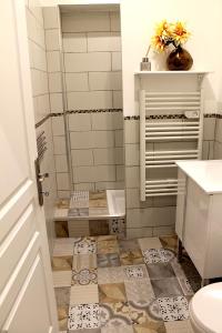 y baño con ducha, aseo y lavamanos. en Studios entre le Pont d' Avignon et le Palais des Papes, en Aviñón