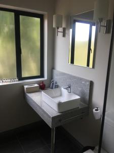 a bathroom with a white sink and two windows at Bergvliet Cottages in Clarens