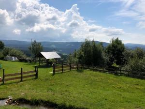 einen Zaun auf einem Feld mit Bergblick in der Unterkunft Waldheimathütte in Sankt Kathrein am Hauenstein