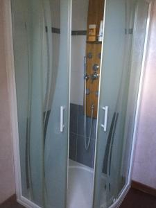een douche met een glazen deur in de badkamer bij FABYANN in Marieulles