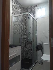 a bathroom with a glass shower with a toilet at Apartamento La Domus in Cádiz