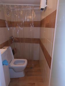 uma casa de banho com um WC branco e piso em madeira em Velvendou 36A Apartment em Atenas