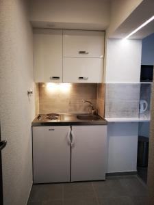 eine kleine Küche mit weißen Schränken und einem Waschbecken in der Unterkunft Penzion Rotunda in Liptovský Mikuláš