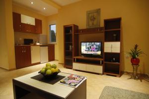 a living room with a television and a bowl of fruit at Kopernikus Apartments in Ulcinj