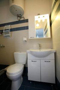 a bathroom with a toilet and a sink and a mirror at Azolimnos Bay in Azolimnos Syros