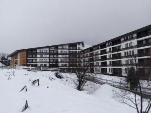 ein schneebedecktes Gebäude vor einem Gebäude in der Unterkunft Private Apartments in ASPEN VALLEY in Raslog