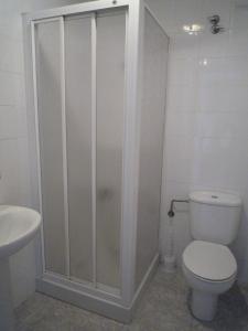 a bathroom with a shower with a toilet and a sink at Hostal Residencia Ponte Vella in Lugo