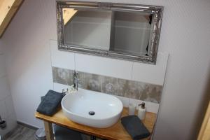 y baño con lavabo blanco y espejo. en Der Kolonist en Burg (Spreewald)
