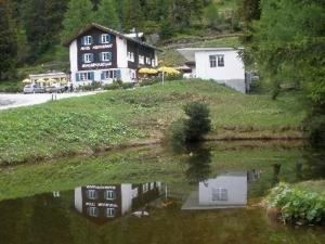 una casa en una colina junto a un cuerpo de agua en Hotel Rhonequelle, en Oberwald