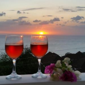 dos copas de vino con la puesta de sol en el fondo en Villa Malvina en Whitehouse