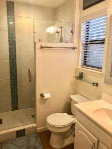 ニューブローンフェルズにあるComal Hausのバスルーム(トイレ、ガラス張りのシャワー付)