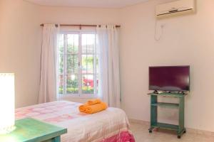 a bedroom with a bed and a tv and a window at Cabañas El Sueño de Pedro in Colón