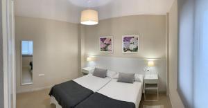 sypialnia z dużym białym łóżkiem z dwiema poduszkami w obiekcie APARTAMENTO MARIPOSA II w mieście Conil de la Frontera