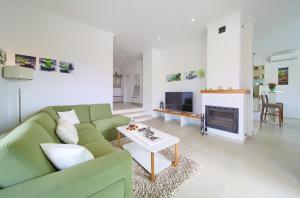 a living room with a green couch and a fireplace at Villa Nathalie - Linardici, Krk in Linardići