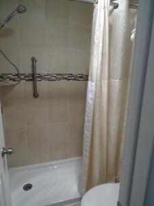 y baño con cortina de ducha y aseo. en Travelers Rest Motel en Intercourse