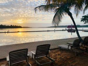 a group of chairs sitting next to a body of water at Overbridge River Resort in Paramaribo