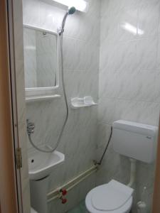 W łazience znajduje się prysznic, toaleta i umywalka. w obiekcie HOSTEL CPPI Nord w mieście Buşteni