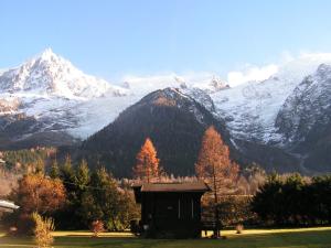 Cette maison offre une vue sur une chaîne de montagnes enneigée. dans l'établissement Chalet La Renardière, à Chamonix-Mont-Blanc