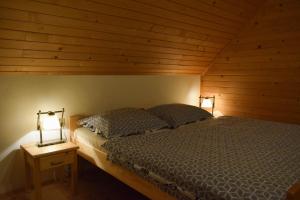 a bedroom with a bed with two lights on it at Penzión nad Skalicou in Skalica