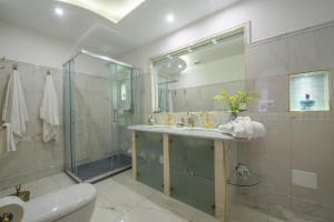 波西塔诺Villa Briganti Seaview Terrace的带水槽、淋浴和马桶的浴室