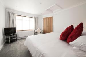 牛津的住宿－High Hedges Apartment B，卧室配有带红色枕头的大型白色床