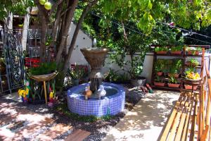 einen Garten mit einem Brunnen inmitten eines Gartens in der Unterkunft Casa Mirar Recife de Olinda in Olinda