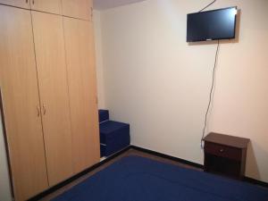 a room with a tv on the wall and a blue rug at Hostal Las Begonias in Arequipa