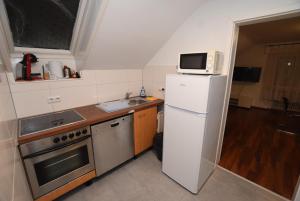 W kuchni znajduje się biała lodówka i kuchenka mikrofalowa. w obiekcie Apartment Ostfildern-Nellingen II w mieście Ostfildern