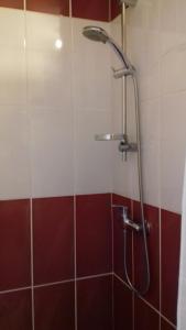 La salle de bains est pourvue d'une douche et de carrelage rouge et blanc. dans l'établissement L'Échappée belle à l'Étang d'Anty -appartement, à Saint-Nabord