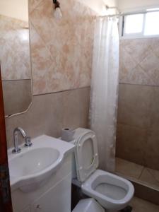 a bathroom with a sink and a toilet and a mirror at Apartamentos David in Ostende +66 photos