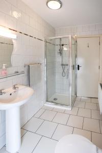 een badkamer met een douche en een wastafel bij The Cosy Cottage in Moville
