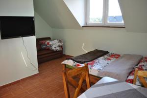 a room with a bed and a tv and a chair at Dom Bartek in Wisełka