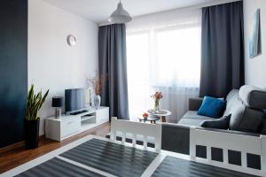 a living room with a couch and a tv at Apartament Europejski in Gorzów Wielkopolski